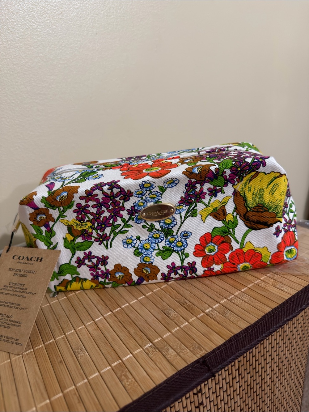 Coach White Floral Canvas Cosmetic Pouch with Multi-Color Blooms